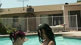 Mature tribadic Joanna Angel's open-air poolside pussy licking and fucking