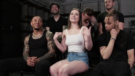 Curvy brunette babe in bondage gets double anal penetration