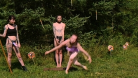 Piss-drinking submissive bdsm with busty beauty outdoors