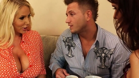 Karen Fisher and Syren de Mer, two stunning moms, enjoy a hardcore session with a lucky man's cock