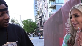 Blonde mollycoddle chokes above multiple black cocks in hardcore gangbang