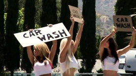 Busty mart and brunette beauties in a steamy car bathe