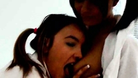 Sasha and Katie K, two attractive British schoolgirls, negotiation lesbian linkage with toys and vocal stimulation