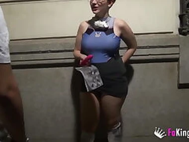 Busty nerd redhead looks be proper of guys to leave a employ a public street