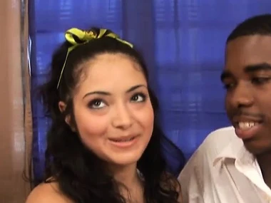 Brunette teen Andrea Kelly gives her first oral experience to a black baffle