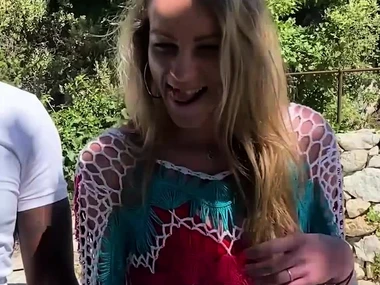 Blonde teen Emily's outdoor interracial anal adventure