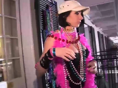 Stunning brunette Mardi Gras queens reveal their assets in an outdoor striptease