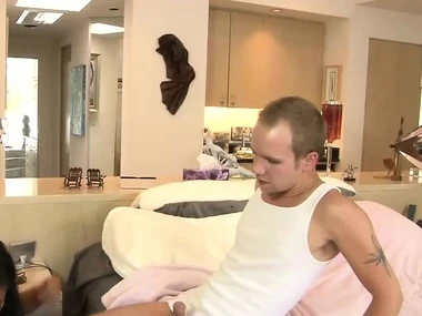 Asian mature Lucky Starr in stockings gives a blowjob and gets vigorously penetrated