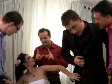 Brunette milf Jessica Fiorentino near a wild gangbang