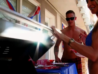 Blonde bombshells Emma Strarr and Nikki Benz in the air outdoor erotica