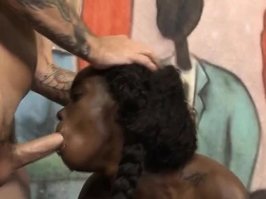 Interracial encounter with a black loveliness giving a tight blowjob on the sofa