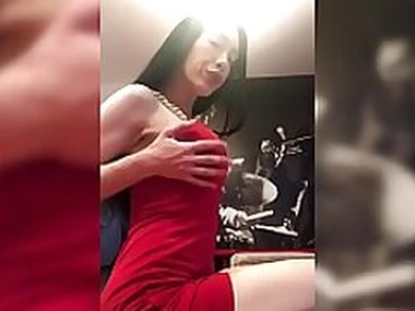 Hot Brunette Sucking Big Dildo and Fisting Anal in the Red Dress