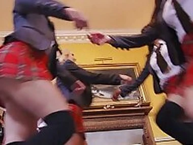 Kinky schoolgirls wearing Scottish skirt and fucking for better grades